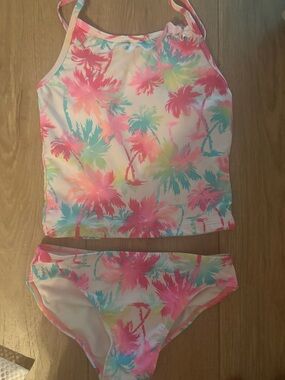 1989 Place Pastel Pink & Aqua Palm Tankini Set